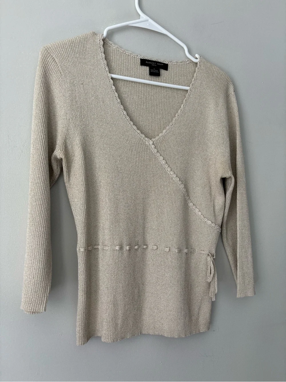 Y2K Fairycore Silk Cream Ribbed Knit Wrap Top Lace Cottage Blouse Small - Medium
